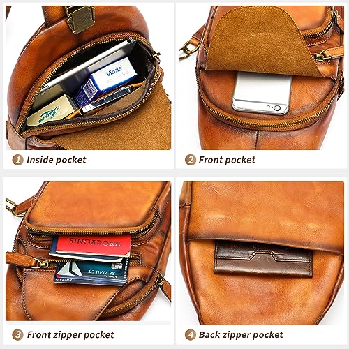 NIUCUNZH Genuine Leather Sling Bag Front Metal-Latch Crossbody Bags Handmade Vintage Chest Shoulder Backpack for Women Men Brown4