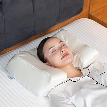 Satin Back Sleeper Pillow with Neck Support, Wrinkle Prevention, Memory Foam Positioner. Comfortable Night Sleeping. Satin White