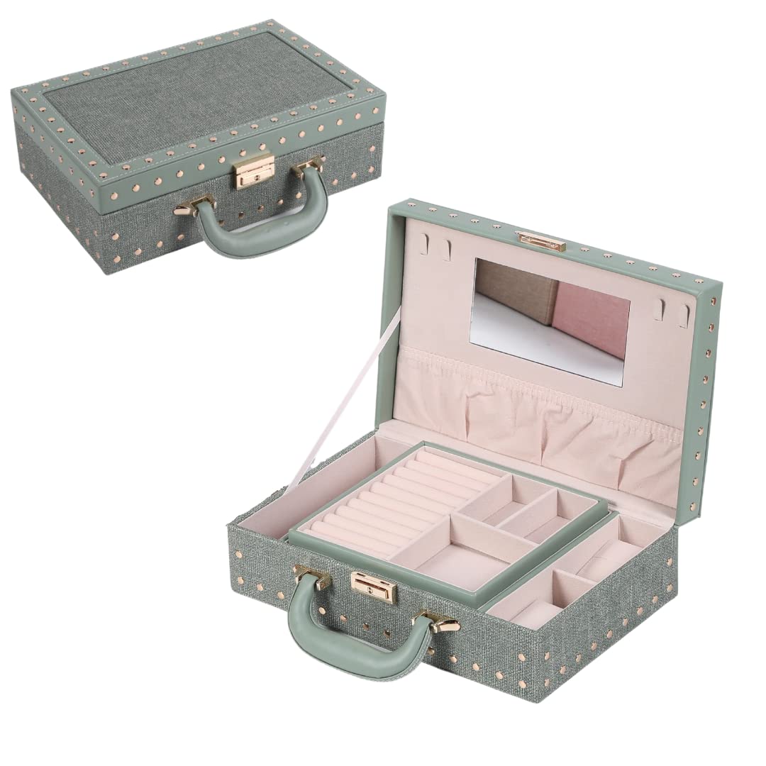 GenericElegant Jewelry Box | Compact Jewellery Organizer Premium Quality | Storage Case for Accessories: Earrings Rings Watches with Mirror, Key and Lock Middle size PU Leather (Light Green)