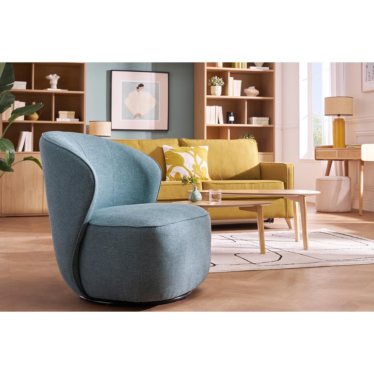 Miliboo Fauteuil Design pivotant en Tissu Vert de Gris Amber