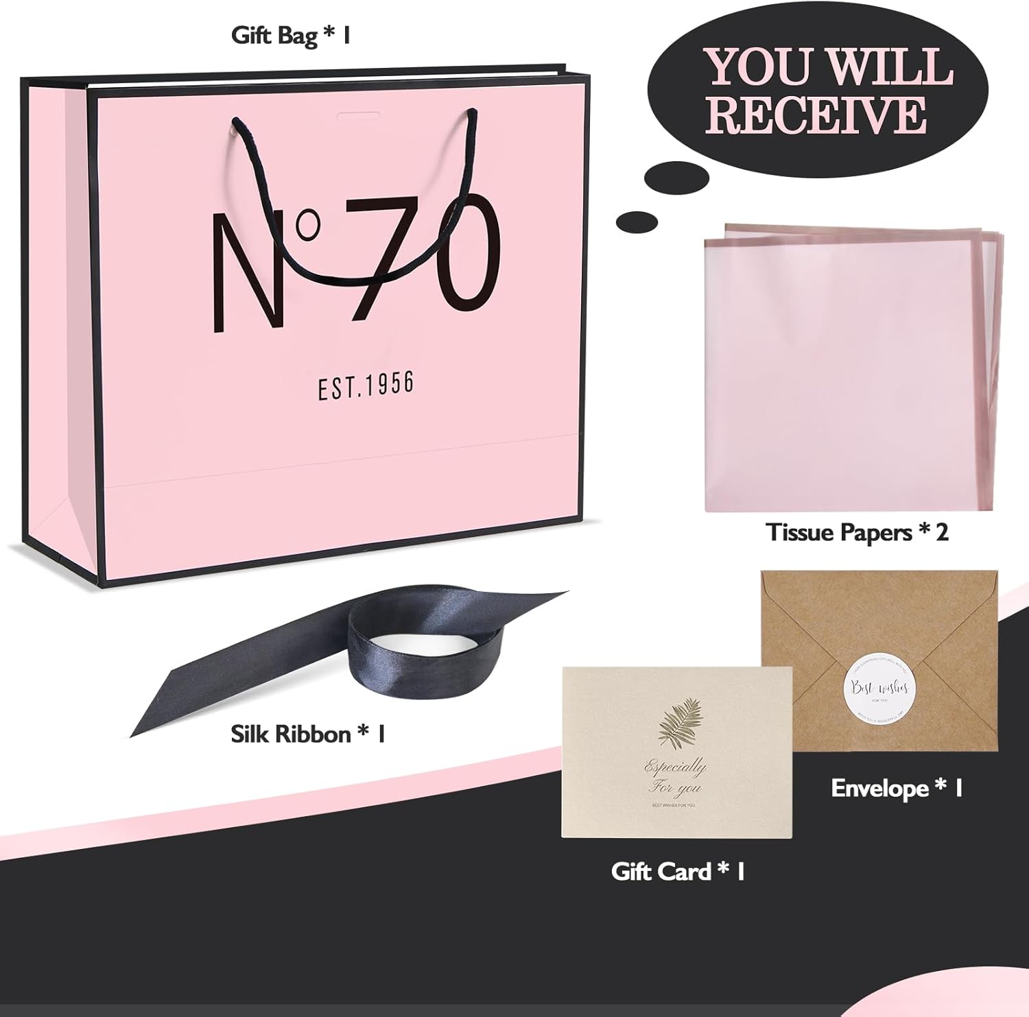 QLSKO 13" Birthday Gift Bag with Card Envelope Sticker Bow Ribbon and Tissue papers for Women Girls Design with Handles,13th-100th (EST.1956 70th, 13" W x 10.5" H x 4.3" D) - Image 2