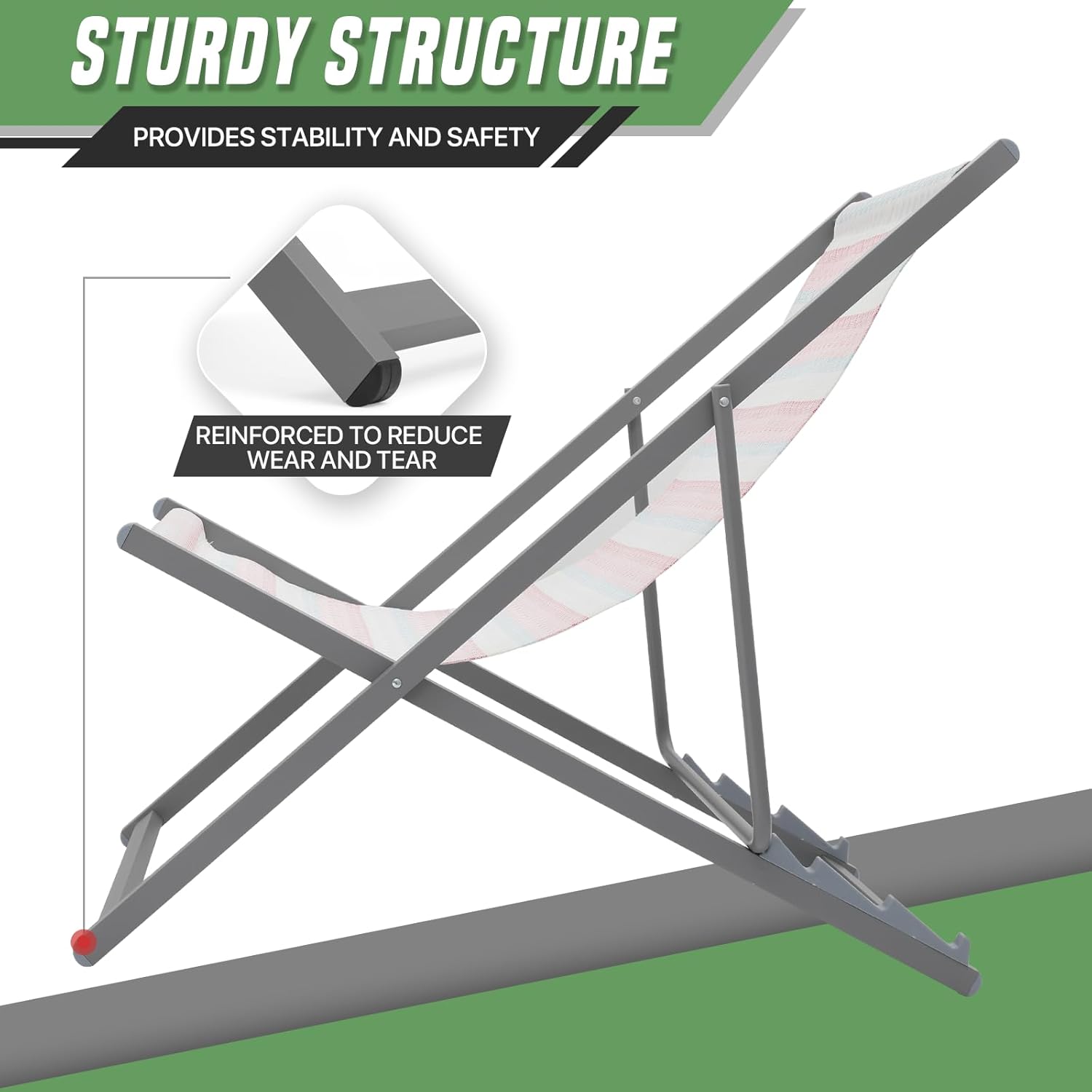 Patio Sling Chairs, Foldable Outdoor Adjustable Portable Aluminum Frame Lounge Folding Beach Chairs Set of 2 (Stripes)