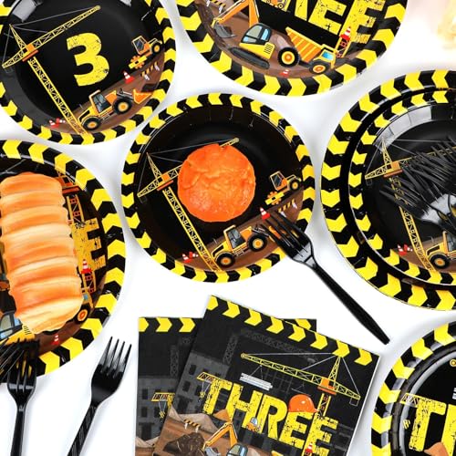 Image of 100 Pcs Construction 3rd Party Plates and Napkins Set 3 Years Old Birthday Decorations Construction Party Supplies Tableware Dump Truck Themed Favors for Birthday Party Decor Serves 25