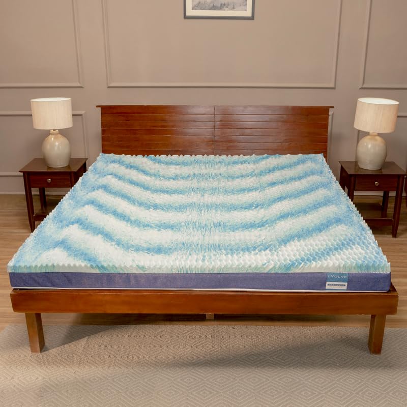 Image of UrbanBed Swirl Gel Memory Foam King Size Orthopaedic Mattress Topper | Waterproof Cover | Antiskid Bottom | 3 Body Zones for Optimal Support | 5 Years Warranty (78 inch x 72? x 1?) - White & Teal