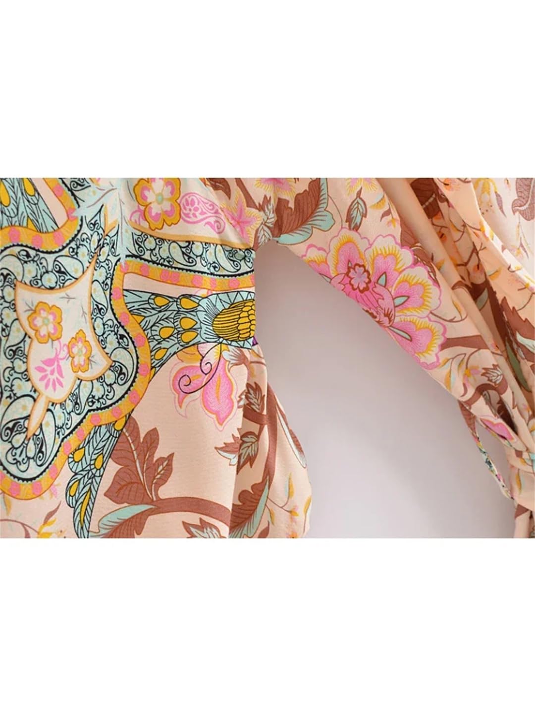 Vintage Print Fusciacche Bohemian Kimono Donne Scollo A V Maniche Pipistrello Breve Robe Bikini Cover-up, Beige, S