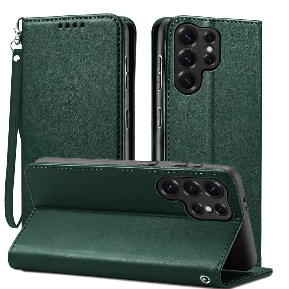 Generic Étui compatible avec Samsung Galaxy A55 5G (couleur : vert) Étui portefeuille à rabat magnétique avec fentes pour cartes, étui uni