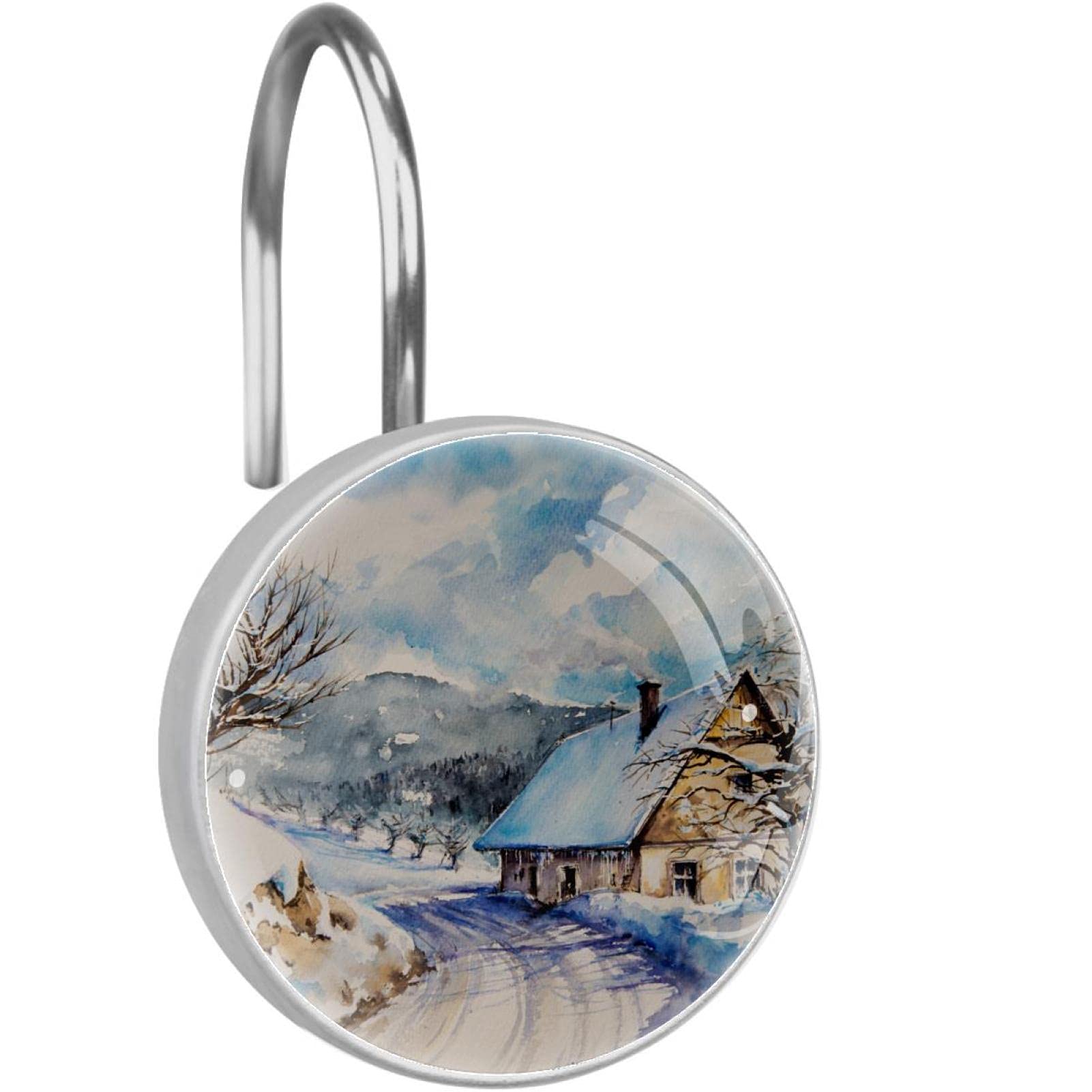Crochets de rideau de douche inox lot de 12 anneaux décoratifs à motif scène de neige