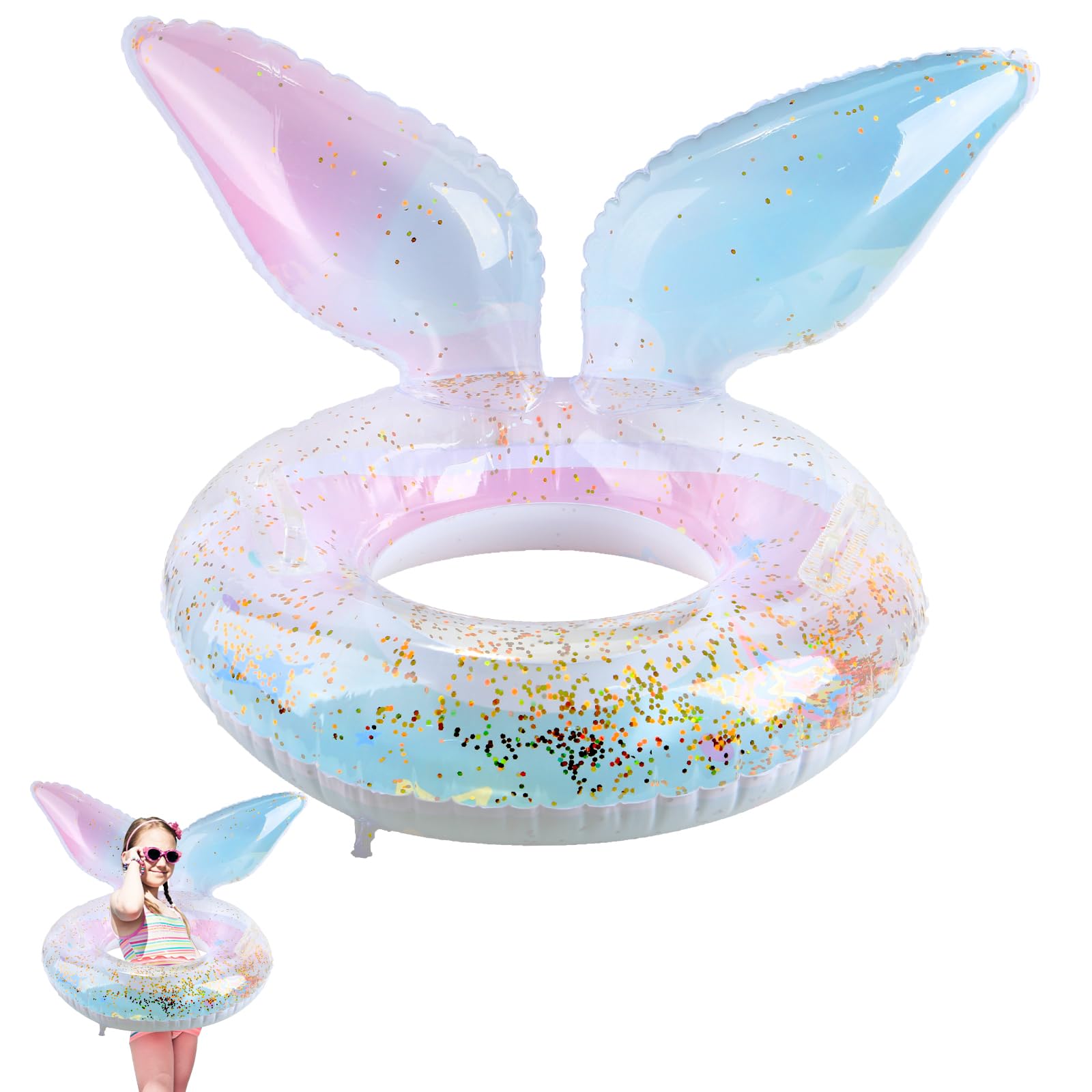 Swimming Ring for Kids, Mermaid Transparent Rubber Ring Inflatable Ring with Sequin, Color Leak-proof Pool Floats for Kids 4-9 Year(Fishtail) — image 1