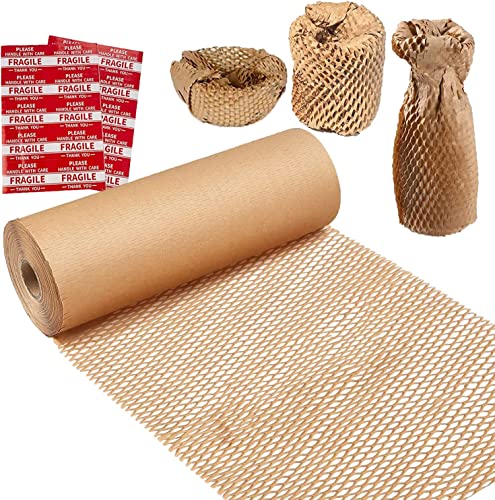 Honeycomb Packing Paper, 15"X131' Honeycomb Cushioning Bubble Wrap Paper Roll For Moving Shipping Breakables Packaging Gifts With 20 Fragile Sticker Biodegradable & Fully Recyclable Brown Kraft #TOP1