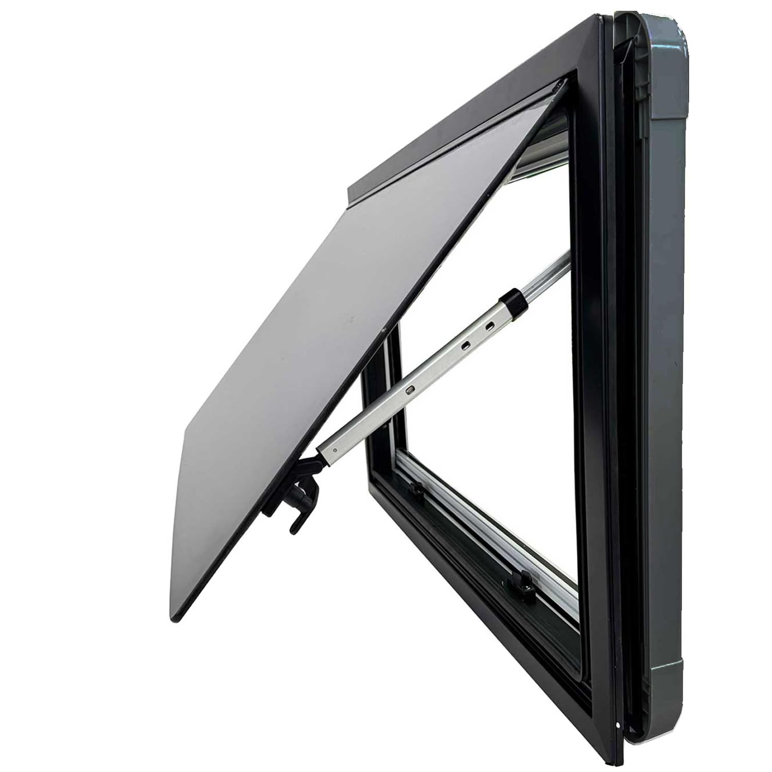SWISS OUTDOOR Finestra a battente 900*500 – Vetro acrilico ULTRAFLAT, omologato ECE R43, doppi vetri, tenda avvolgibile e zanzariera, cornice nera, isolato, finestra per camper van furgone conversione