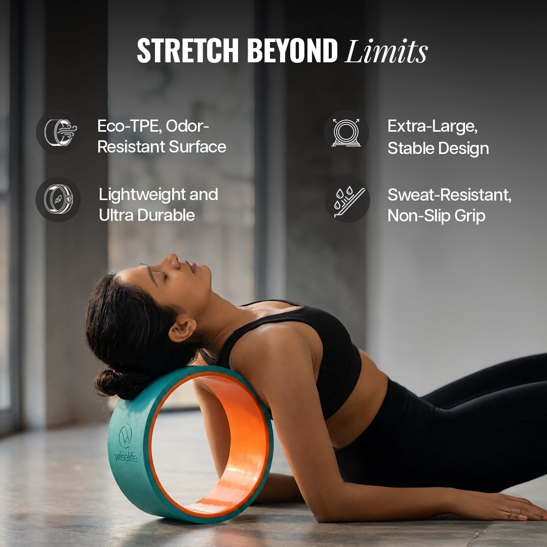 Wiselife Yoga Wheel Pro For Men & Women | Big Circle Wheel For Abs, Home Training, Deep Tissue Massage, Back Pain, Stretching, Back Bends, Body Posture, Sweat Resistant | 13 x 6 inch (Teal + Orange) 2