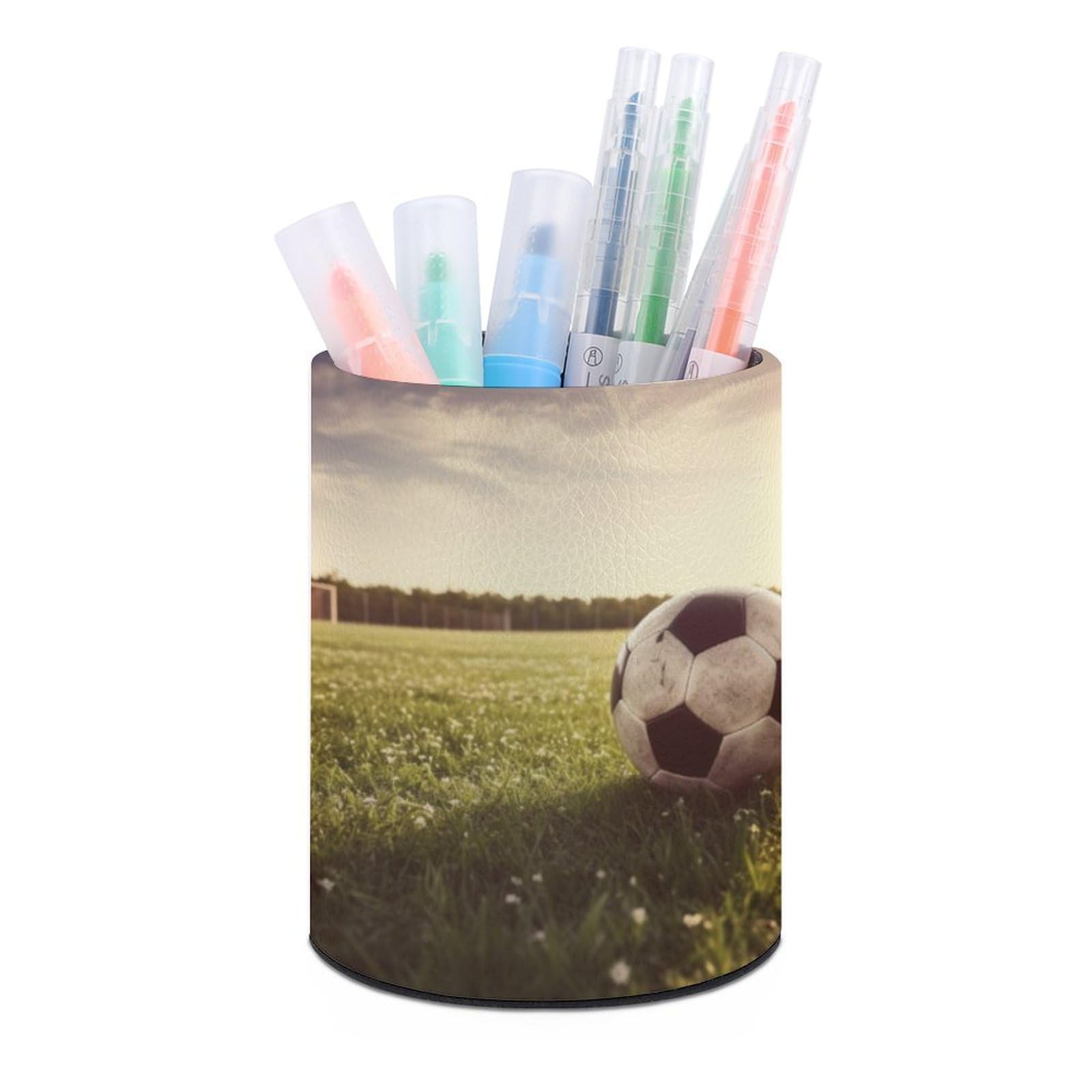 JTREHY Round Pen Holder,Soccer Ball on A Field Printed Makeup Brush Storage Box Desktop Stationery Storage Cup Office Accessories Storage Box Pencil Storage Box for Home Office Dressing Table