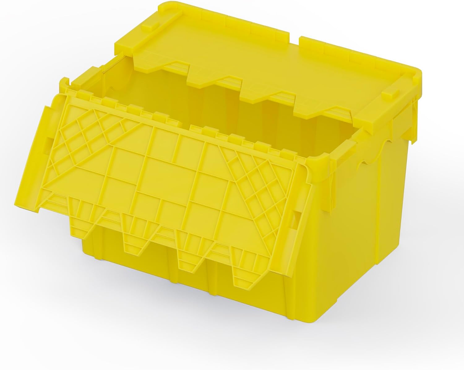 Yellow Attached Lid Tote Box 22 x 16 x 13 Inch, Heavy Duty Stackable Plastic Storage Container with Hinged Lids, High Visibility Nestable Bin for Warehouse, Safety, Inventory and Priority Storage