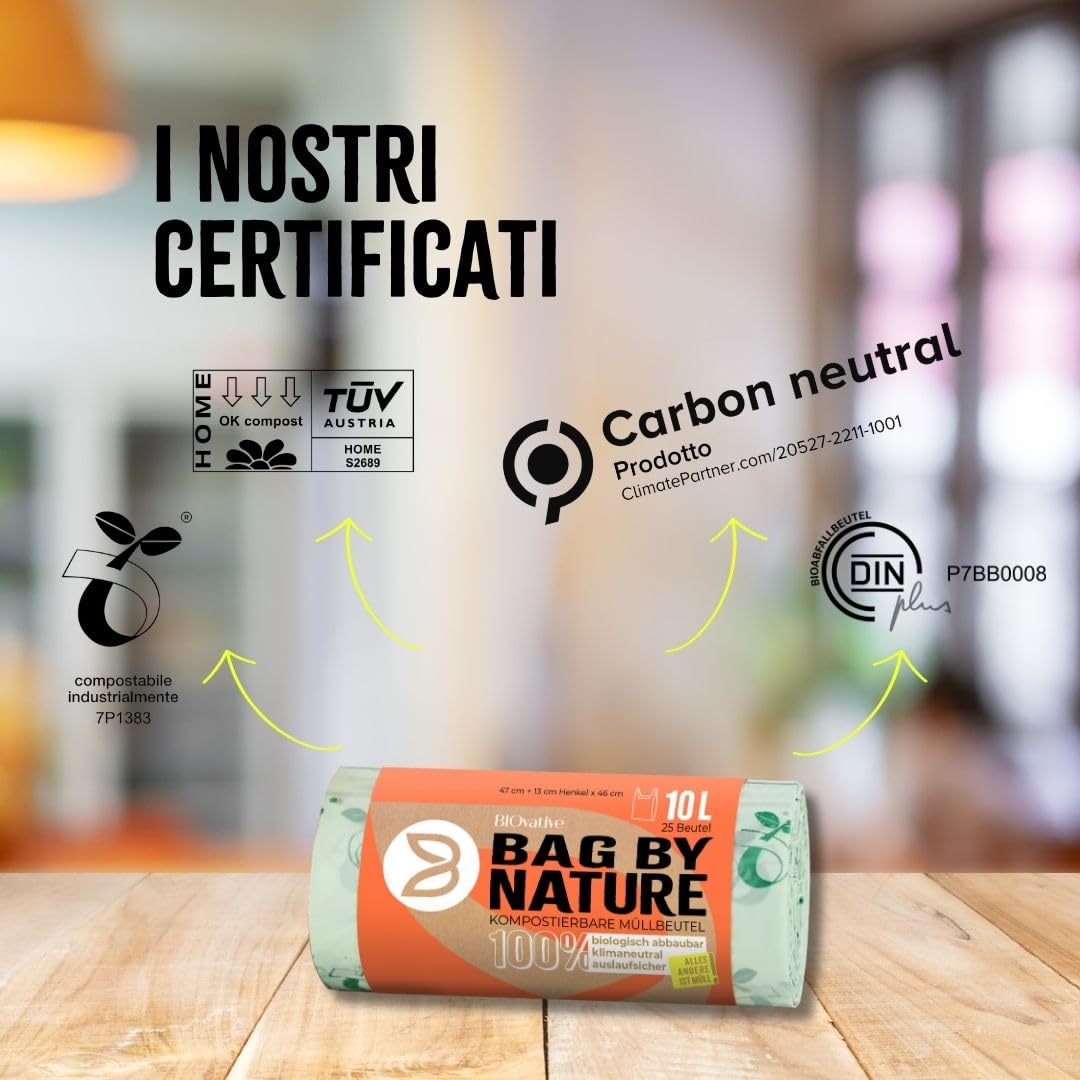 Sacchi per la Spazzatura Organica da 10L con Manico - Made in Germany - 100% compostabile e biodegradabile - Disponibile Anche da 6L, 20L, 30L