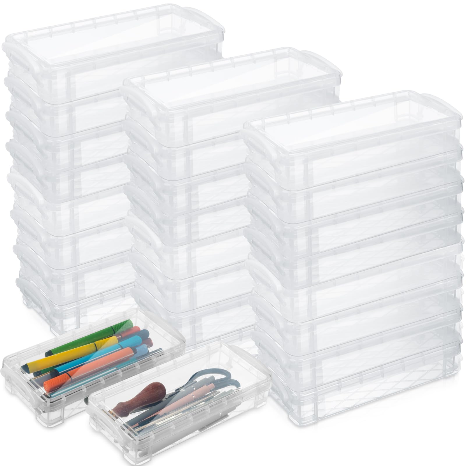 Gueevin 24 Pcs Large Capacity Plastic Pencil Box Clear Plastic Pencil Case Crayon Box with Snap Tight Lid Watercolor Pen Storage Brush Pencil Box Organizer Drawing Tools Container (White)