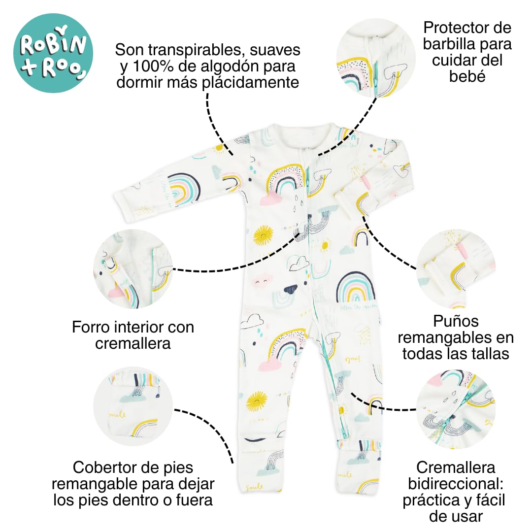 Pelele para bebé 100% algodón, cremallera bidireccional, sin pies, unisex con puños plegables