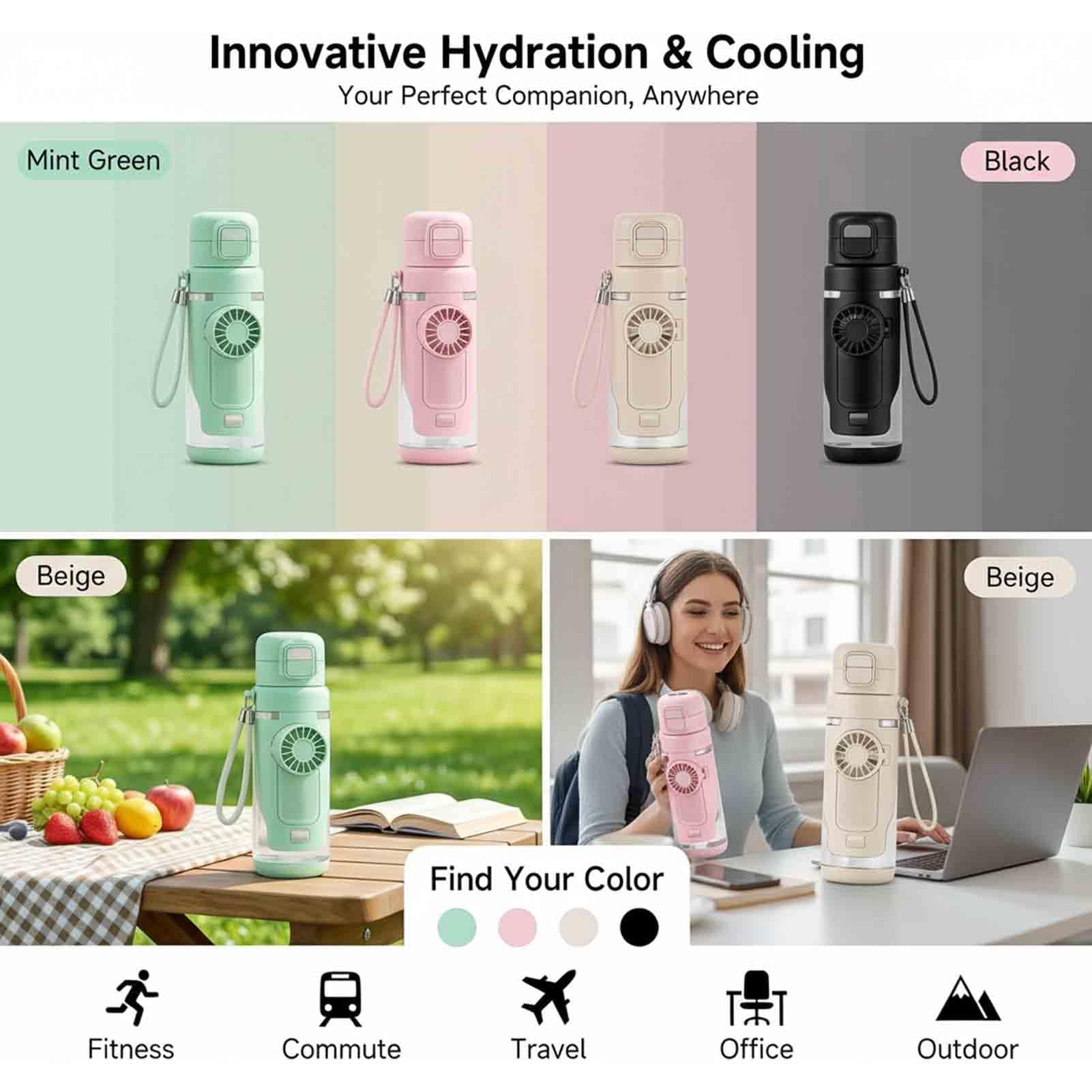 Borraccia portatile con ventola, 2 in 1, con ventola pieghevole integrata, 3 velocità, USB-C, ricaricabile, a prova di perdite, con cinghia, per viaggi, palestra, escursionismo