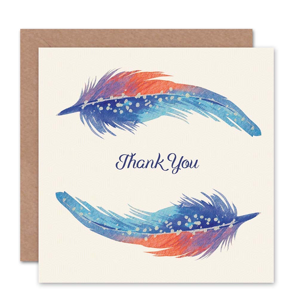 Wee Blue Coo THANK YOU CARD - FEATHER SET WATERCOLOUR PAINT BLUE ORANGE
