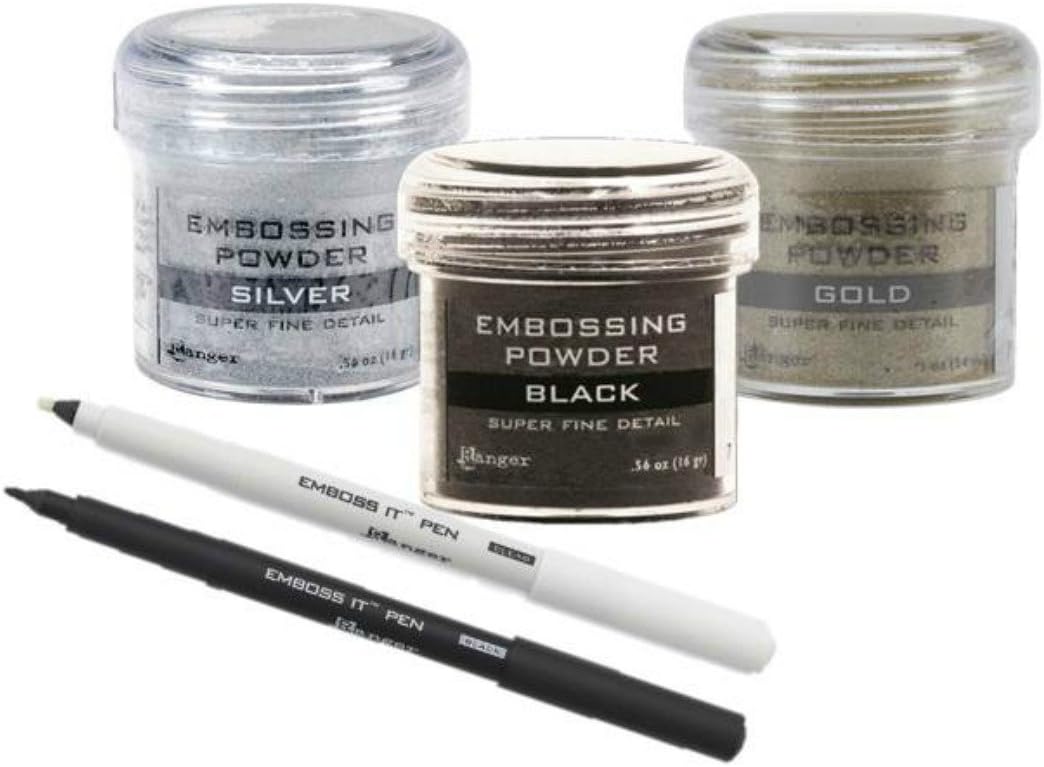 Ranger Embossing Kit - 3 Embossing Powders w (2) Emboss It Pen Black and Clear