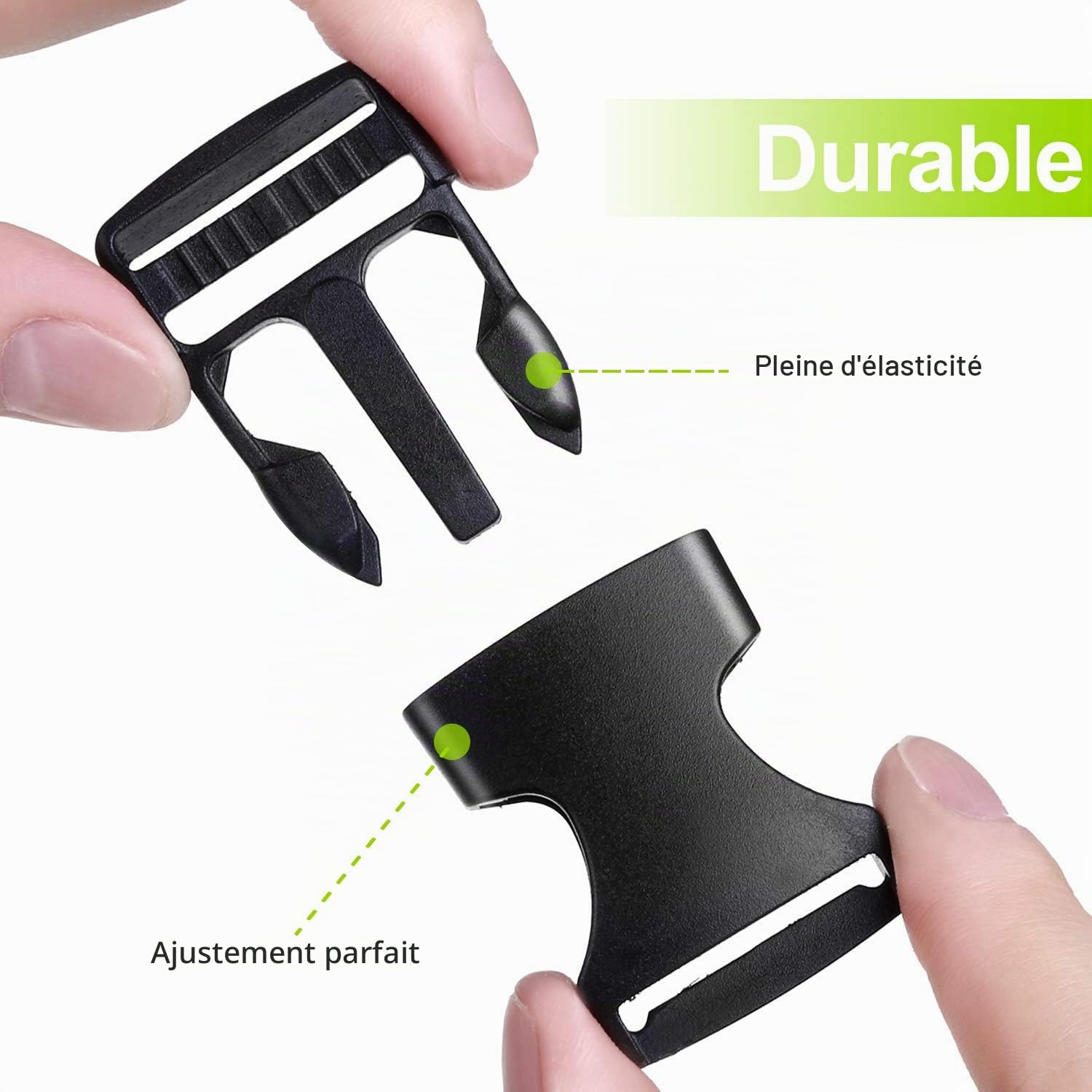 XCOZU Lot de 15 clips à boucle latérale plate en plastique de 25 mm et glissières tri-glissantes, 1 rouleau de 4,6 m de sangle en nylon noir pour réparation de ruban de sac à dos, sangle de bagage,