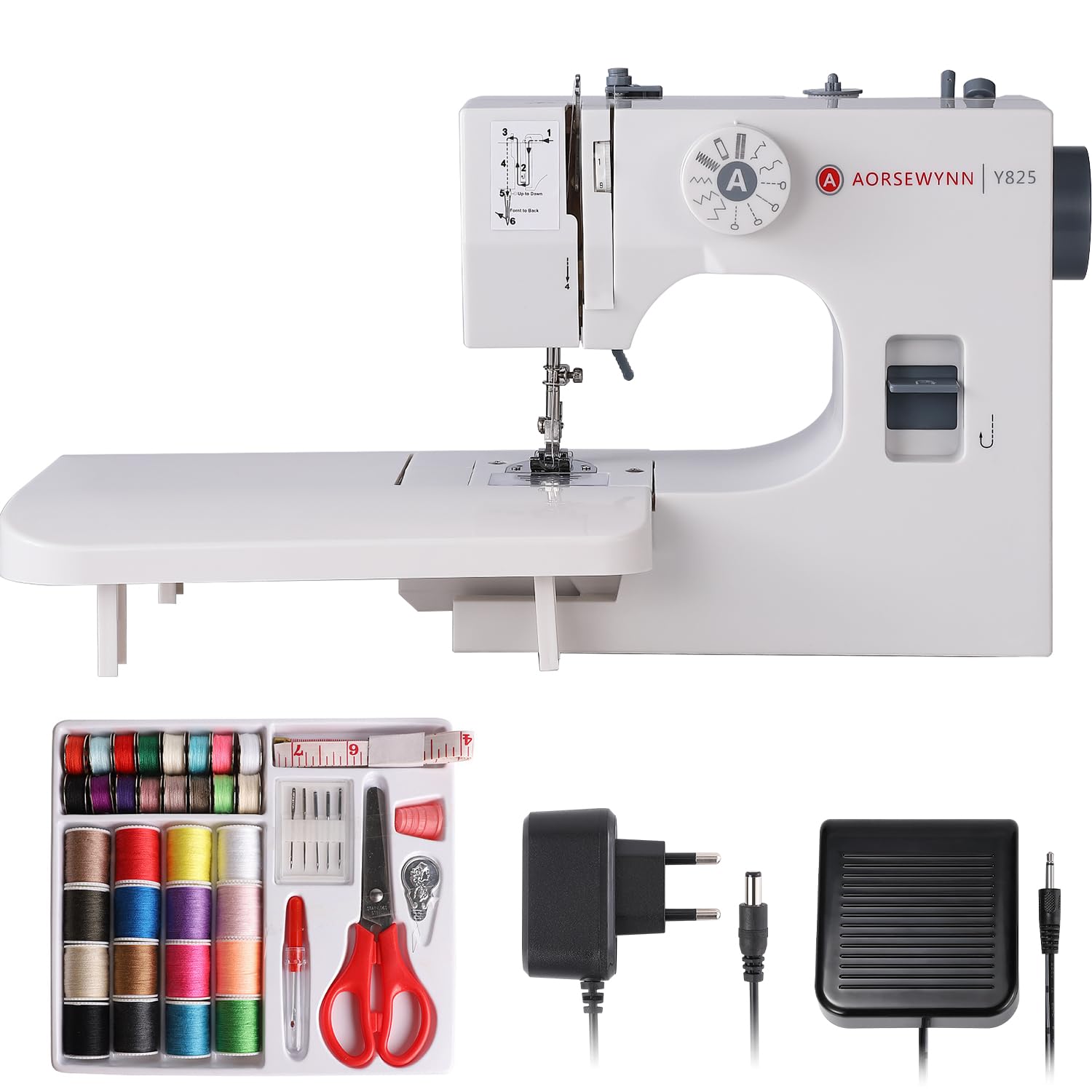 Household Sewing Machine Y825 for Beginners with Extension Table & 12 Stitch Applications 2-Speed 2-Thread with Foot Pedal and Reverse Stitch & 42-Piece Sewing Kit & LED Light for Adults Heavy Duty