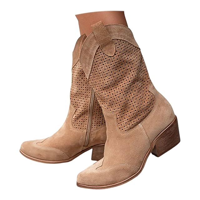 Suede Cowboy Boots for Women Low Heel Wide Mid Calf Suede Cowgirl Ankle Boots Pointed Toe Western Work