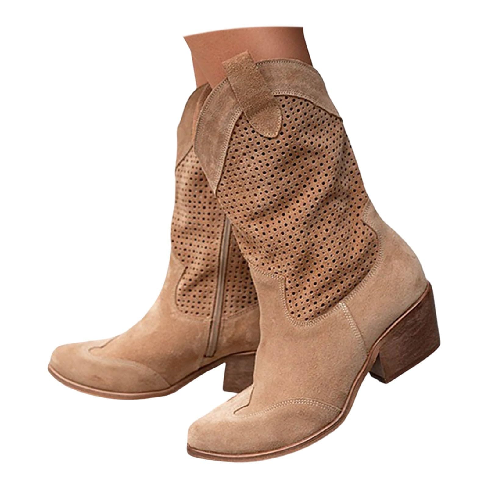 Suede Cowboy Boots for Women Low Heel Wide Mid Calf Suede Cowgirl Ankle Boots Pointed Toe Western Work