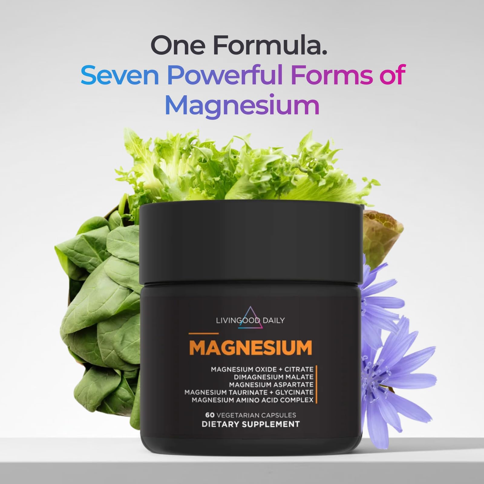 Livingood Daily Magnesium Supplement with Magnesium Glycinate, Citrate, Malate, Oxide, Aspartate, Amino Acid Complex and Chicory Root for Heart Health, Sleep and Muscle Support, 300mg, 60 Capsules