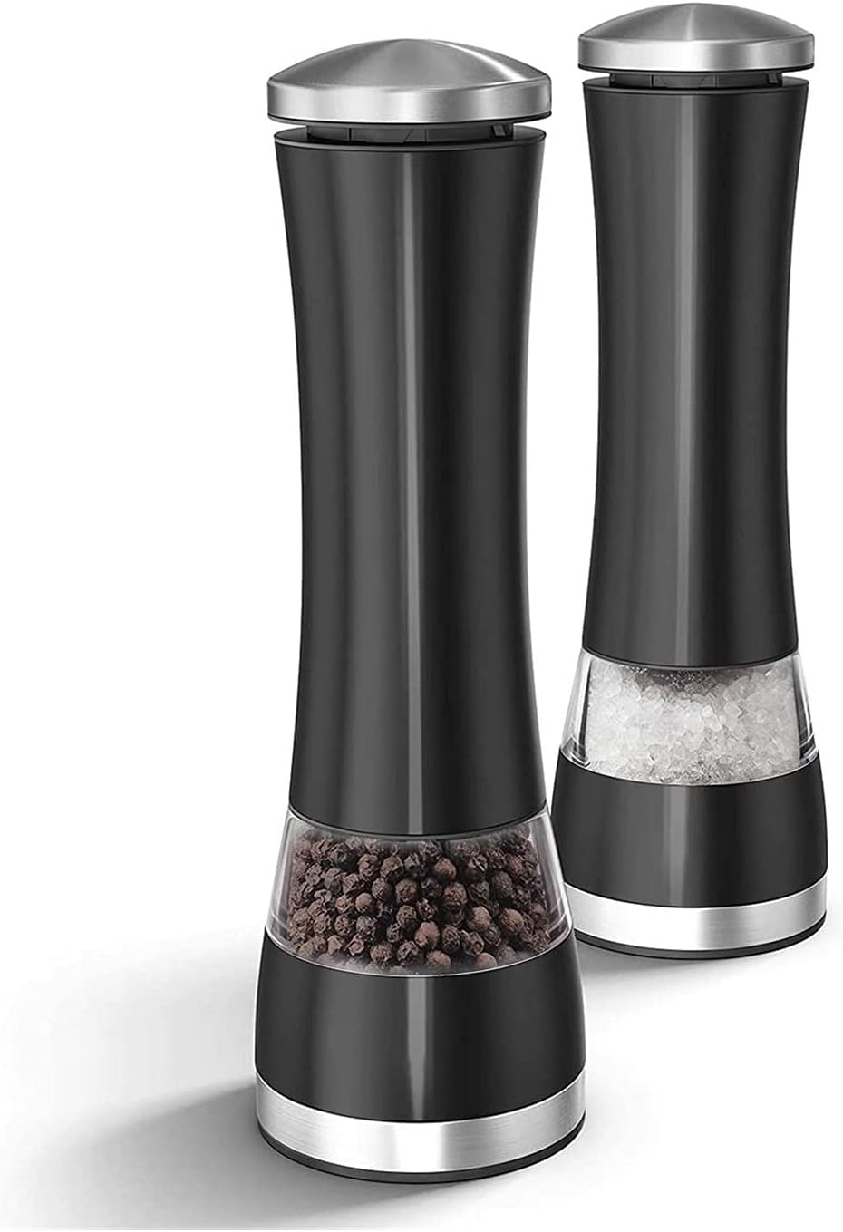 Electric Salt and Pepper Grinder Set - Automatic, Battery Operated Stainless Steel Spice Mills with Light - One Handed Push Button Peppercorn Grinders and Sea Salt Mills, 2Pcs