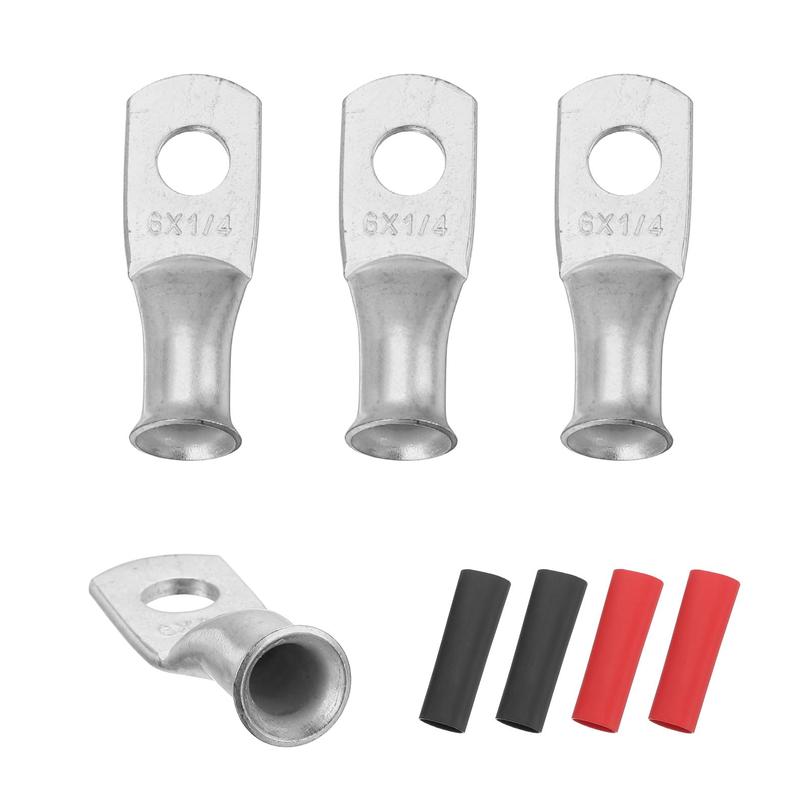 sourcing map 4pcs 6 AWG M6 Battery Lugs Ring Terminals, 1/4" 6mm Stud Crimp Wire Terminal Connector End Copper, 3:1 Heat Shrink Tubing, Silver