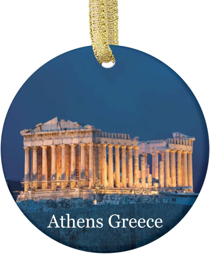 Greece Parthenon Athens Ornament Christmas Xmas Tree Ornament Decoration Hanging Pendant Decor City Travel Souvenir Collection Double Sided Porcelain 2.75 Inch