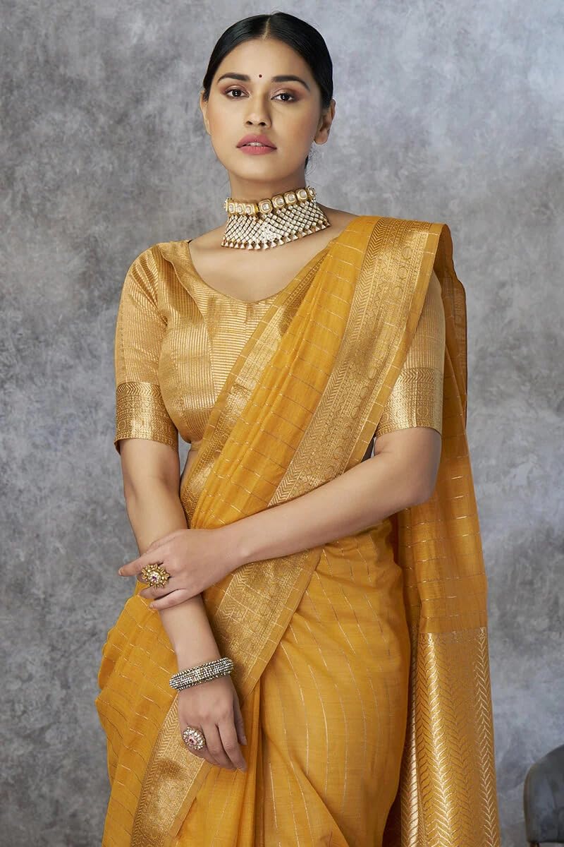 SGF11 Women's Kanjivaram Cotton Pure Soft Silk Saree With Unstitched Blouse Piece