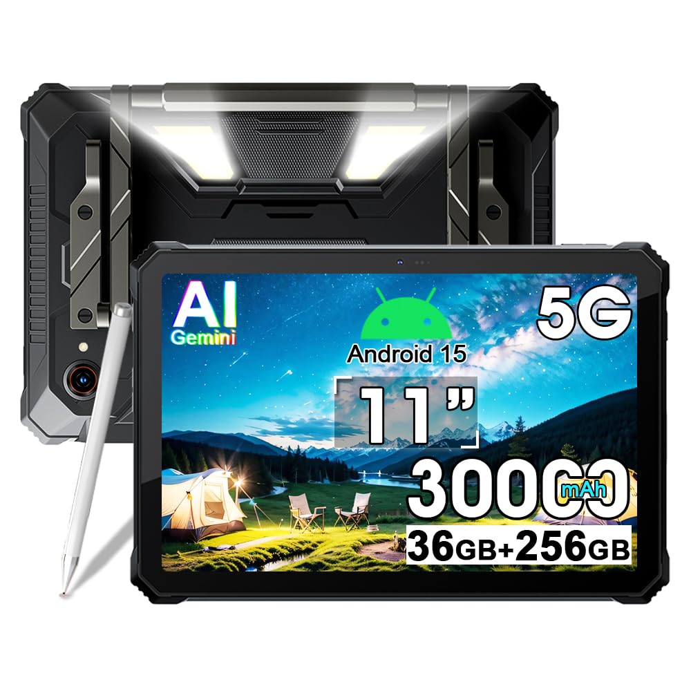 Blackview Active 12 Pro 5G Tablette Tactile Incassable avec Projecteur 200LM, 30000mAh Batterie, Ecran 11'' FHD+, 36Go+256Go Tablet Android 15, 108MP+50MP, 2 Haut-Parleur Stéréo,IP68,NFC,GPS,OTG,FM