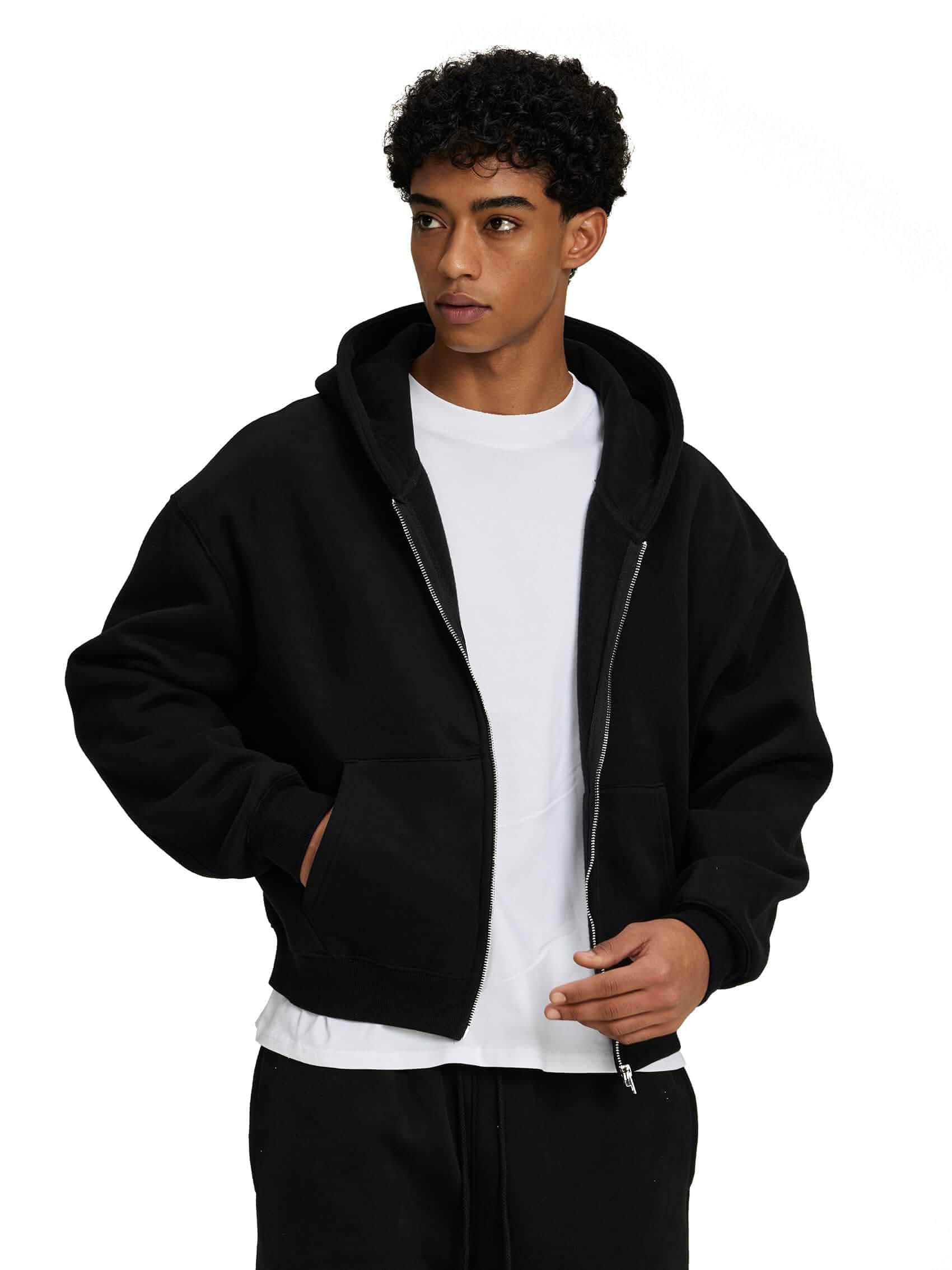 QJT Boxy Cropped Zipper Mens Hoodies Streetwear Oversized Hoodie Fleece Zip Up Sweatshirts Hooded For Men