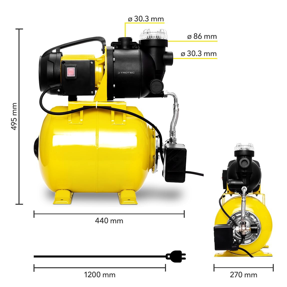 TROTEC TGP 1025 EF Hauswasserwerk mit Vorfilter – Edelstahl, 3.500 l/h, 1.000 W, 30 m Förderhöhe, für Brauchwasser und Garten