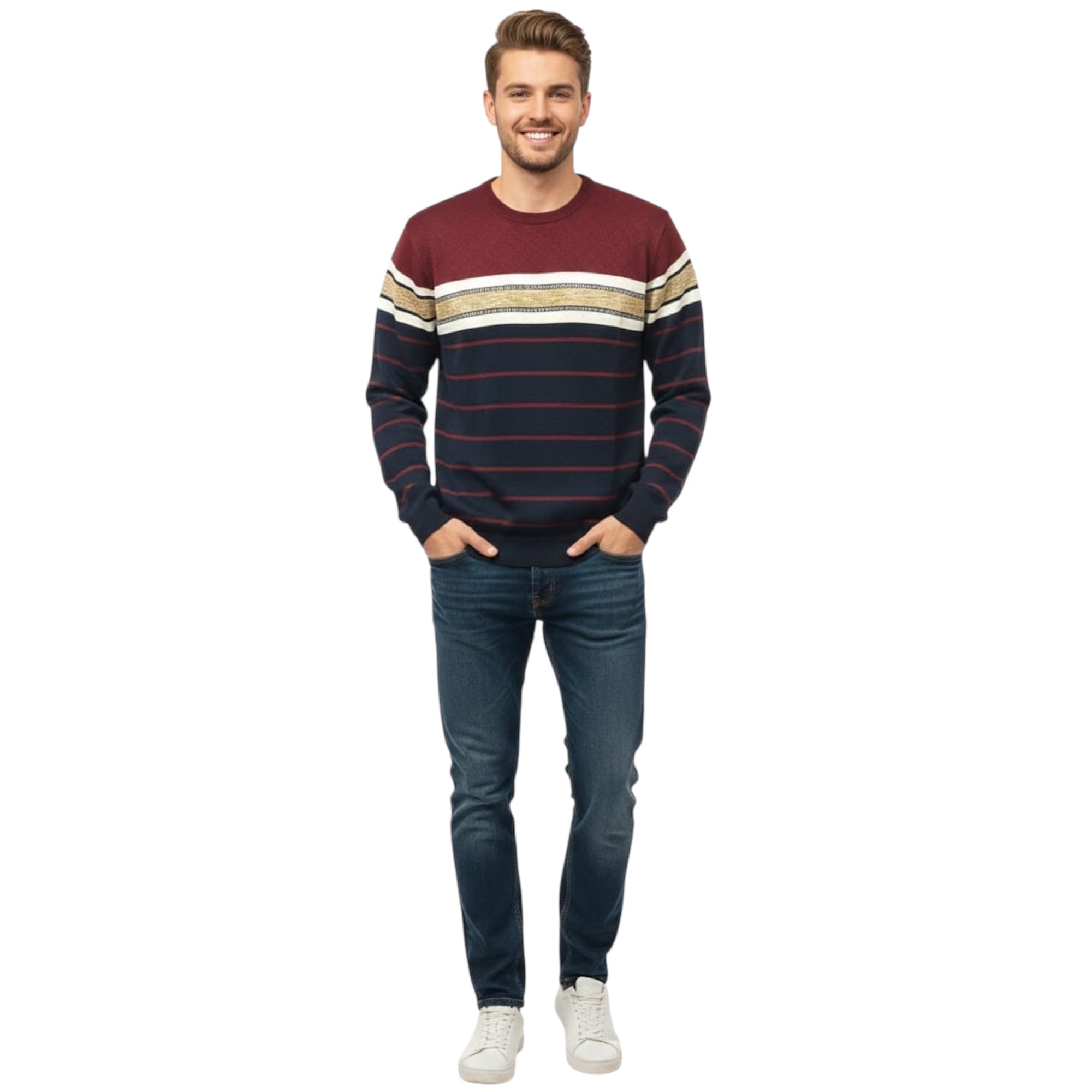 Men's Wine Navy Striped Crew Neck Sweater Full Sleeve Winter Knit Pullover L-image-26
