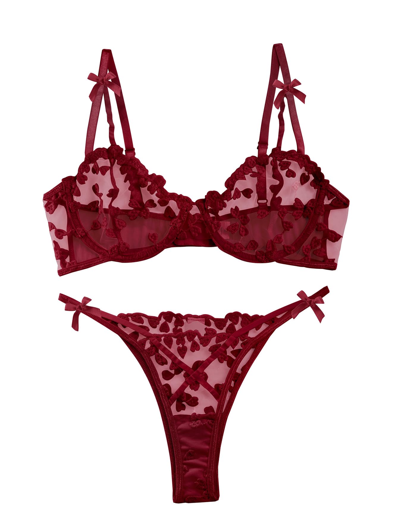 Lilosy Sexy Underwire Cute Push Up Strappy Embroidered Mesh Sheer Lingerie Set See Through Panty Bra