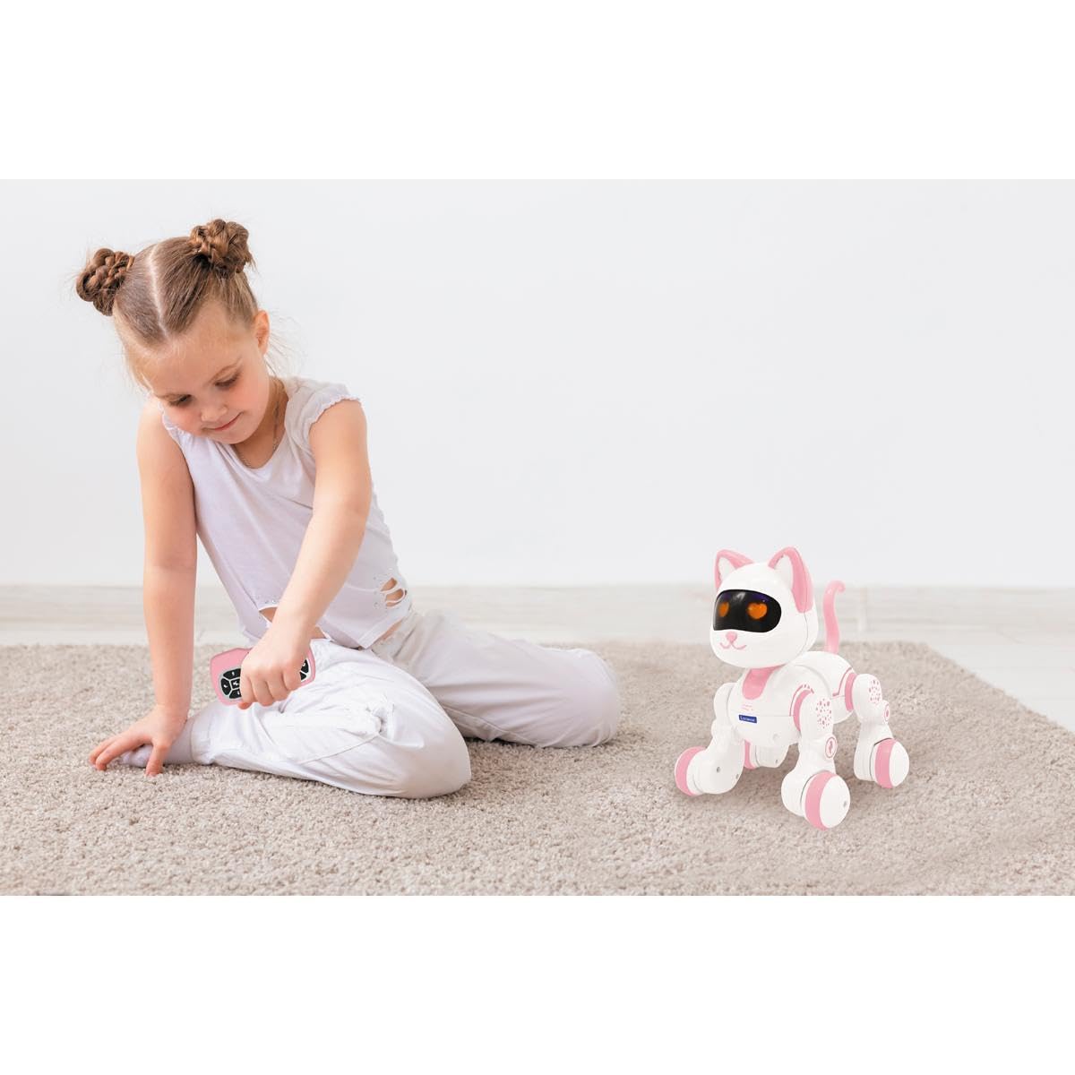 Lexibook, Power Kitty Jr., Gatto telecomandato da addestrare, Si dimena Come Un Vero Gatto, Occhi interattivi, STEM programmabile, Batteria Ricaricabile, Rosa/Bianco, KIT01LXB
