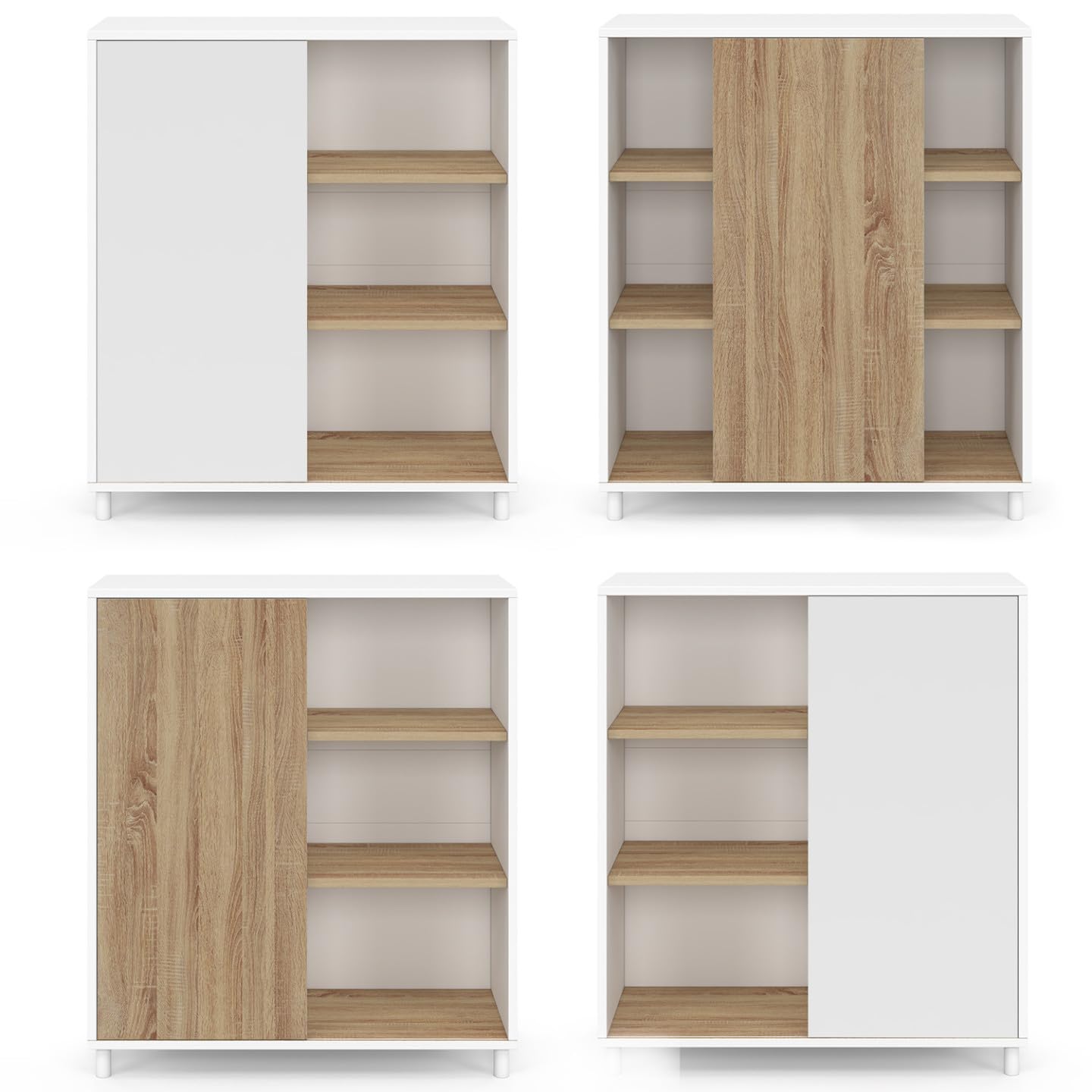 IDMarket - Credenza EASY 70 cm - facile da montare senza attrezzi - 3 ripiani e 1 anta scorrevole reversibile in bianco e legno