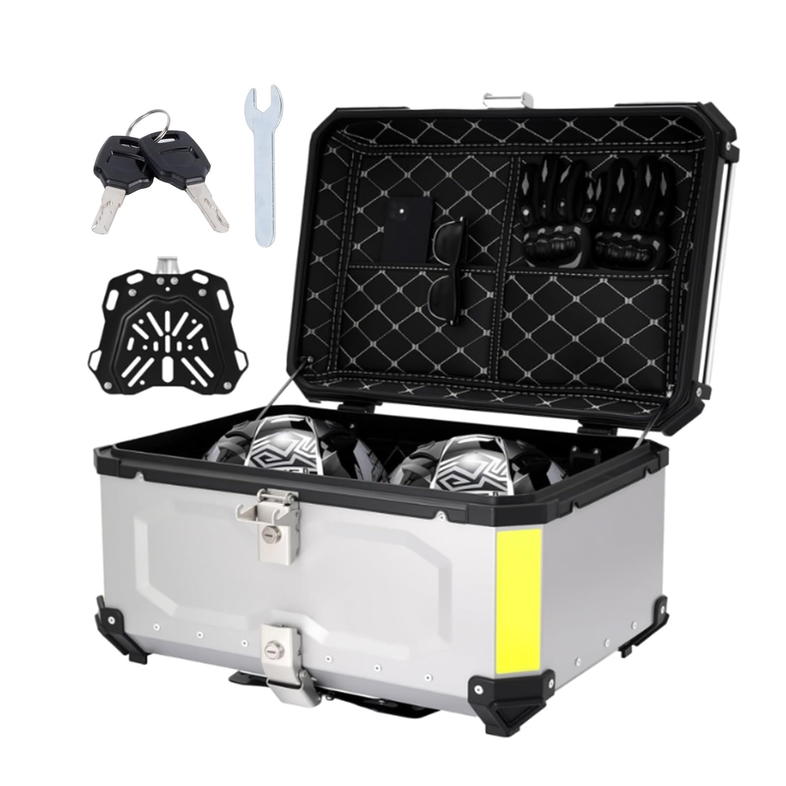 Bauletto moto in alluminio, impermeabile, 65 L Bauletto superiore per moto o contenitore per bagagli (Argento)