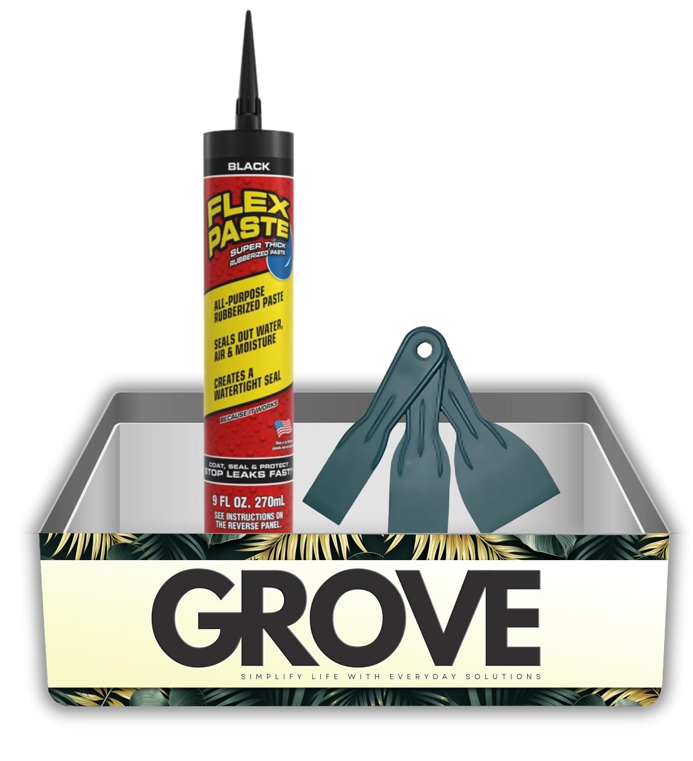 Flex Seal Family of Products Flex Paste Black Rubberized Paste 9 fl. oz. Bundle with Putty Knife – Flexible, Waterproof Sealant for Repairs and Protection – Gift Set (2 Items)