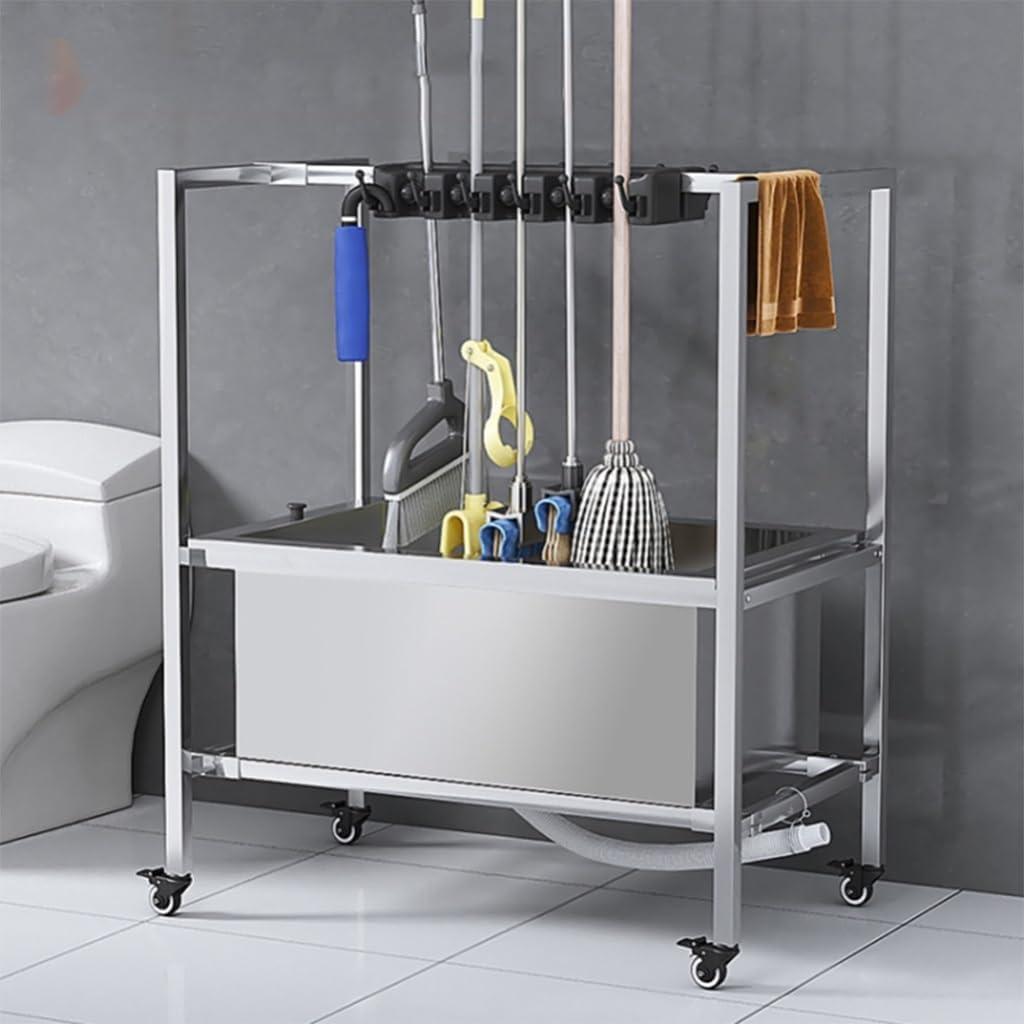 Adjustable Broom and Mop Holder with Folding Hook and Drain Pipe, Space-Saving Cleaning Tool Organizer for Home, Garage, and Hospitals,Silver-100.5Cm