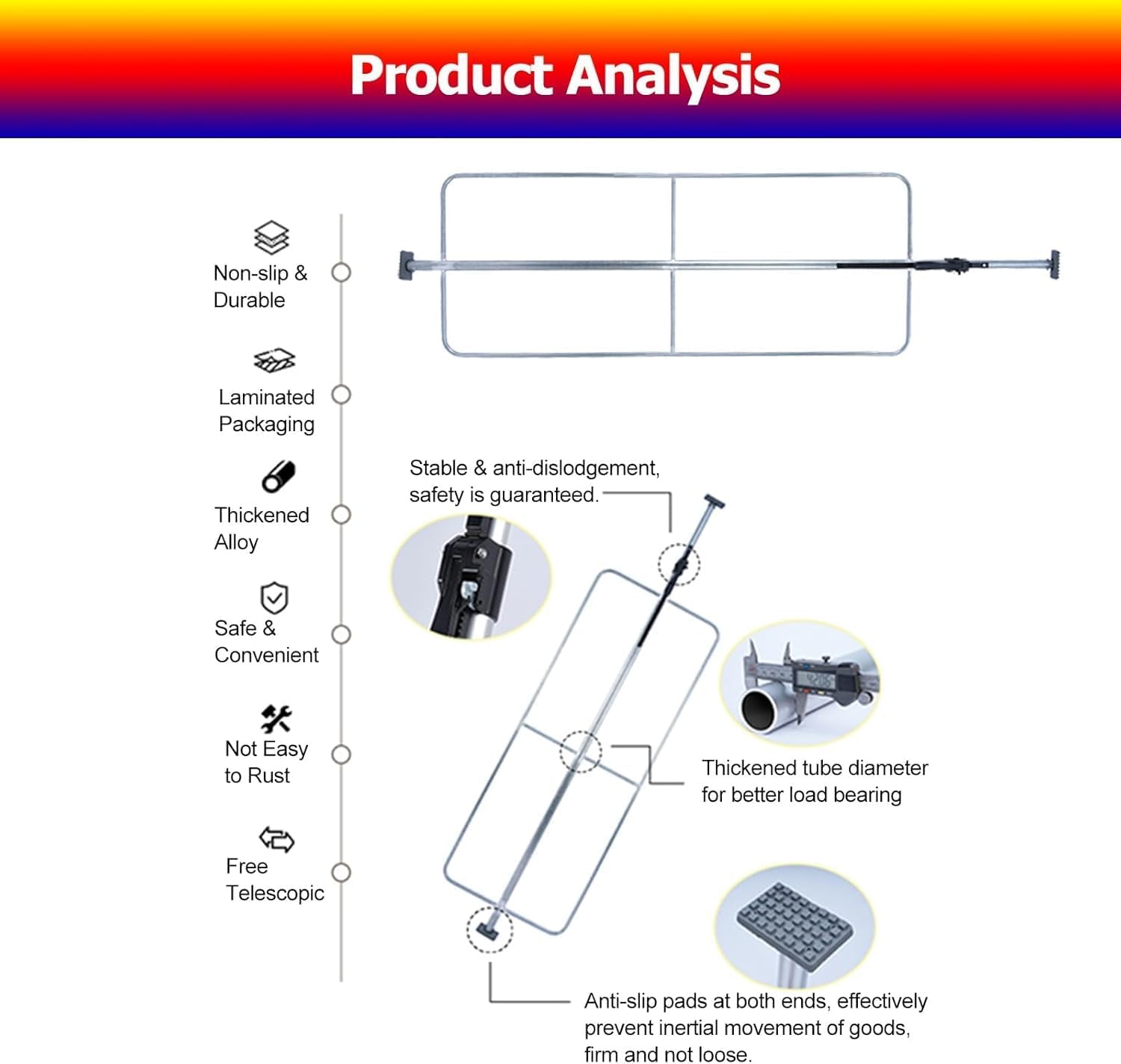 Heavy Duty Cargo Stabilizer Bar with Spring, Cargo Stabilizer Bar Adjustable Cargo Ratcheting Cargo Bar for Full-Size Trucks SUVs Vans Cars, Steel Truck Cargo Bar Extends 4.36 to 9 Ft(2.35m/7.7ft-2.73