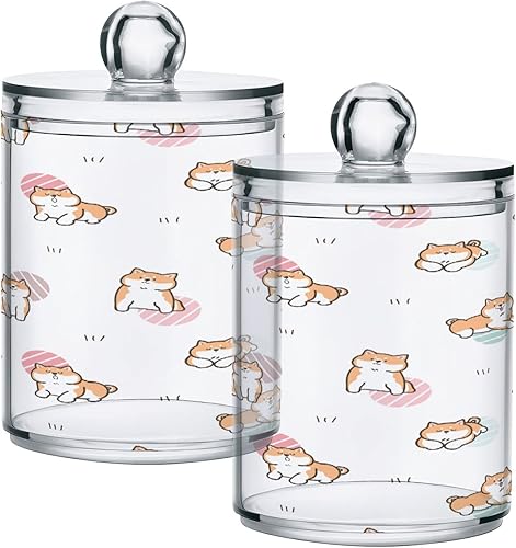 xigua Lindo dispensador de soporte para Qtip de perro Shiba Inu paquete de 2 recipientes de almacenamiento de plástico transparente con tapas para