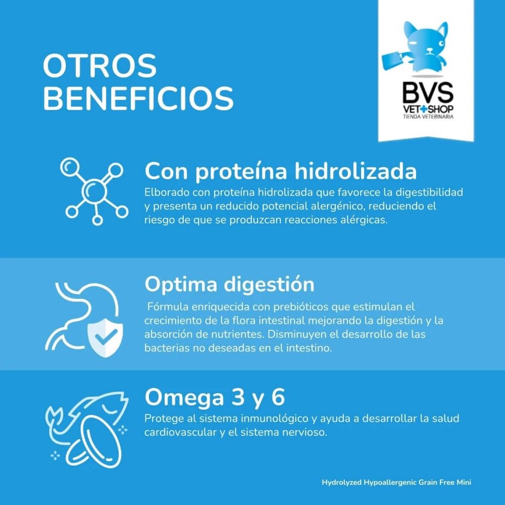 BVS Vet Shop | Diet Mini Razas Pequeñas Hydrolyzed Hypoallergenic Grain Free para Perros | para síntomas de intolerancias y alergias asociadas a Alimentos | Razas Pequeñas | 9 kg