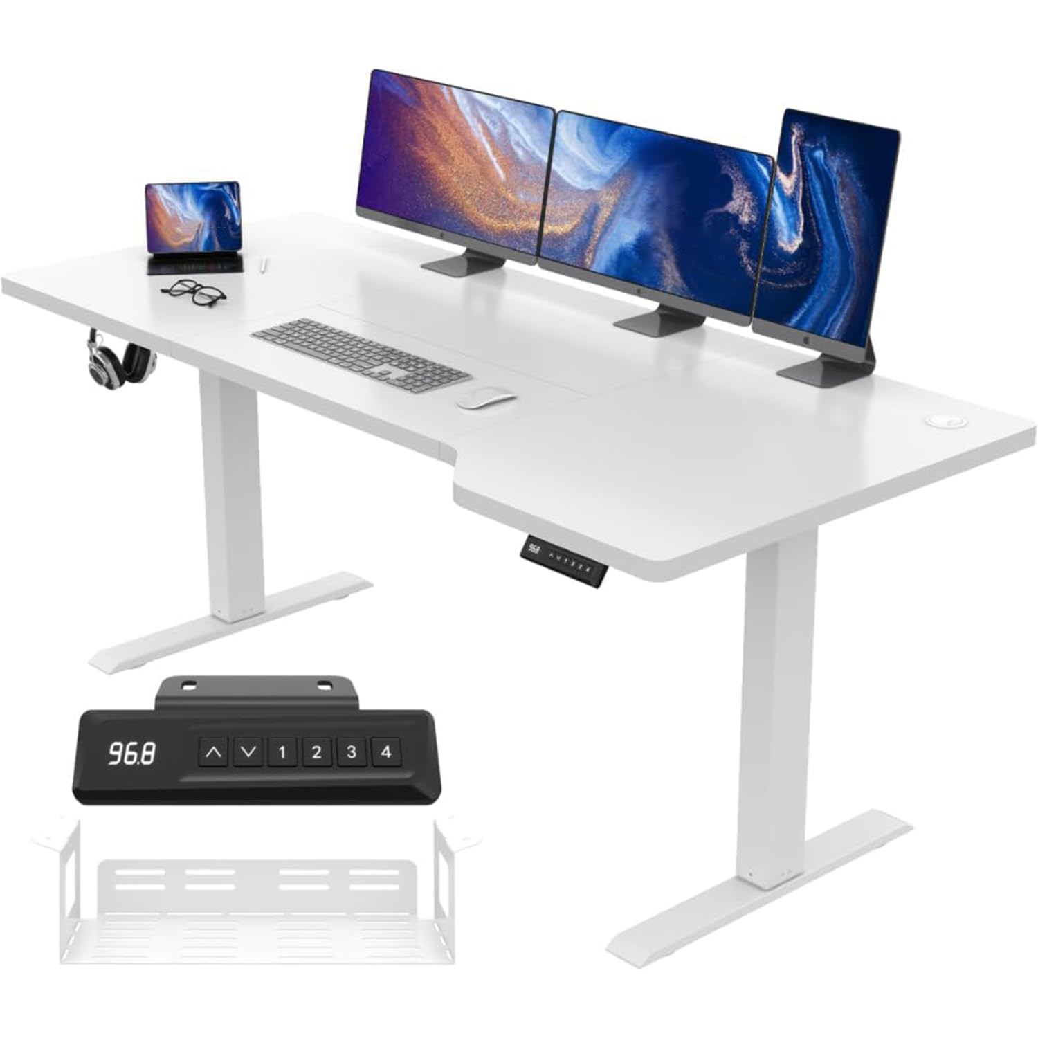 JUMMICO 160 x 75 cm Electric Standing Desk Height Adjustable Standing Desk for Home Office, Electric Desk with Cable Management Hole, Sit Stand Desk with Cup Hold and Hook, White
