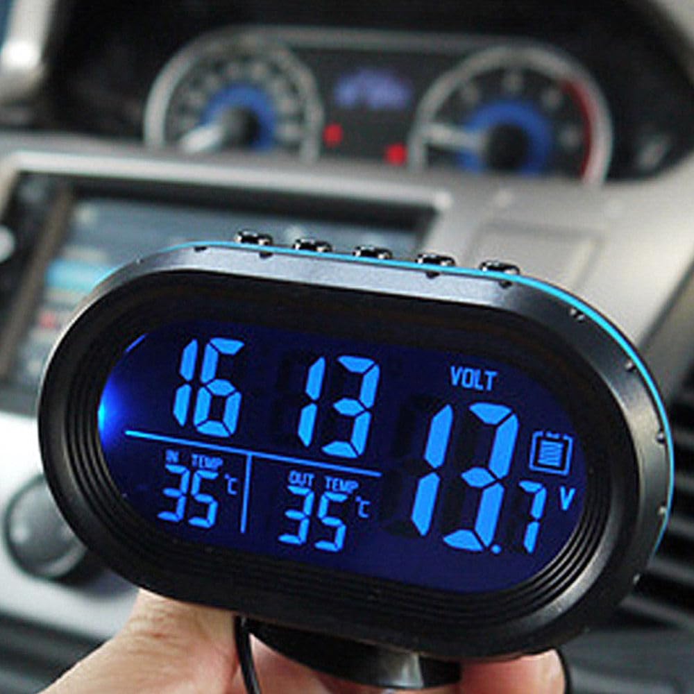 Orologio per auto, KACEPAR 12V / 24V Termometro per monitor voltmetro per auto con display LCD temperatura/tempo, monitor della batteria dell'orologio da cruscotto digitale con retroilluminazione