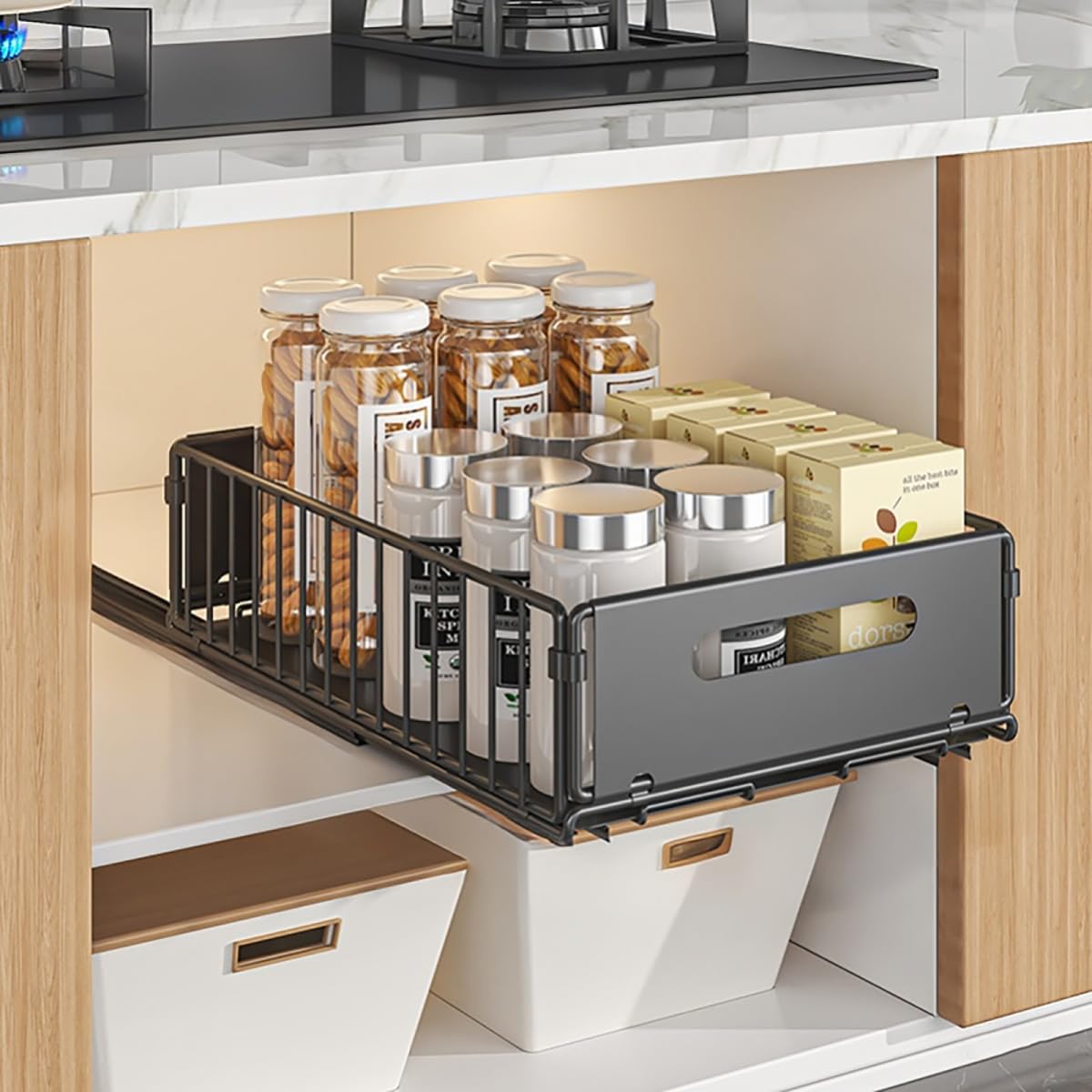 Hovoto Black Pull Out Cabinet Organiser Foldable, Pull Out Drawers For Kitchen Cupboards, Pull Out Shelf Kitchen Storage Drawer For Kitchen Cupboard, Bathroom, Bedroom, 24.5 * 37.5 * 10Cm