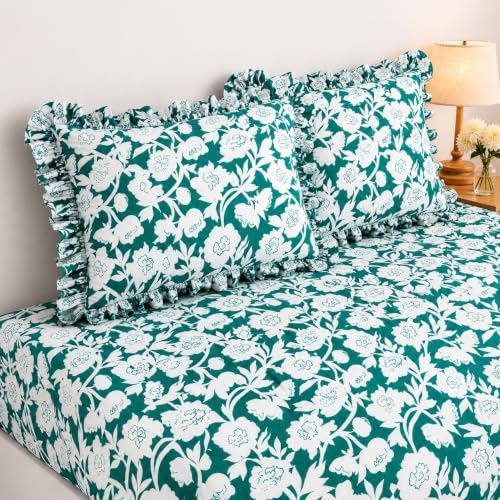 Image of 380 TC Premium Glace Cotton Elastic Fitted Bedsheet King Size with 2 Pillow Covers King Size | Double Bed with All Around Elastic (GreenWhite, Fitted Queen-60x78)