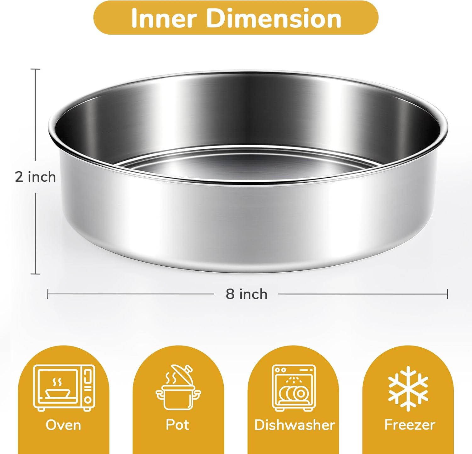 8 inch Cake Pans, Round Baking Layer Cake Pan Set of 2, Stainless Steel Mirror Finish & Dishwasher Safe for Birthday, Party, Wedding - Image 3